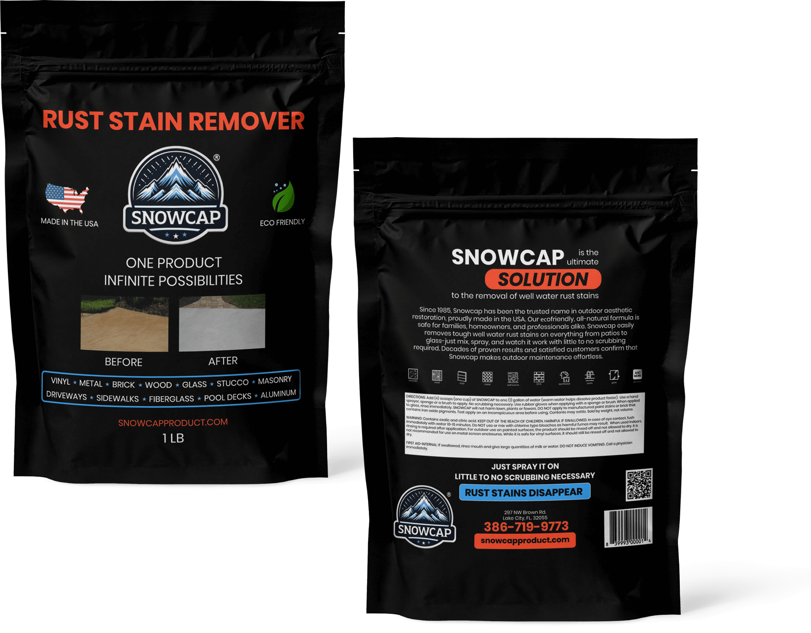 Front and back of the new Snowcap Product stand-up pouch design.