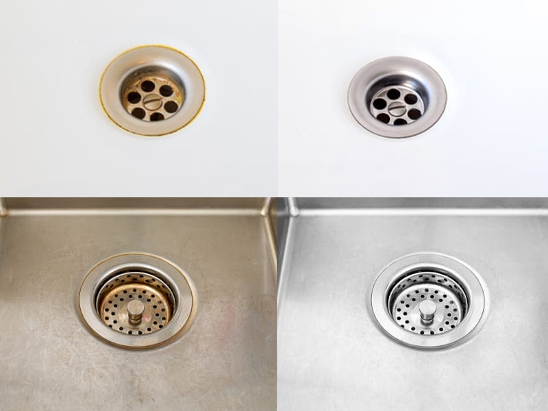 Before and after image of two drains after being treated by Snowcap Product.